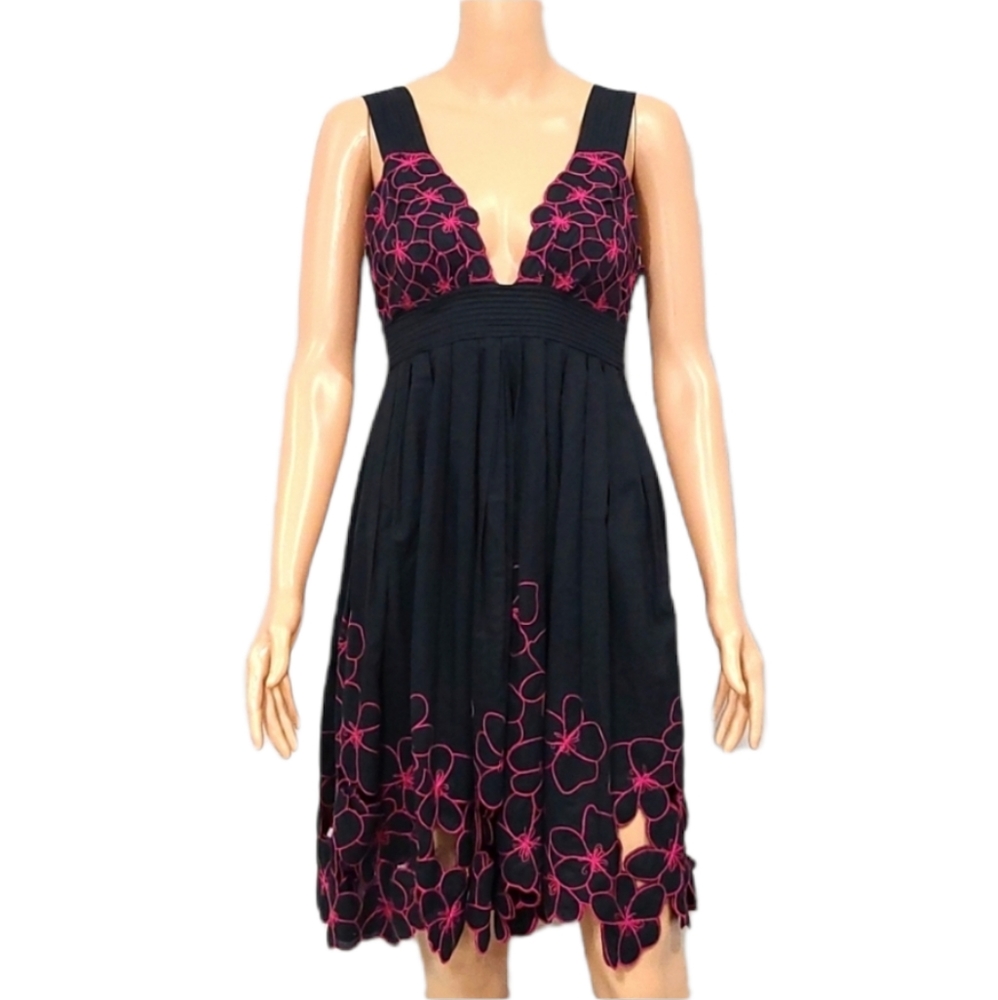 Catherine Malandrino Black Plunge Neckline Midi Dress with Pink Embroidered Sz 0